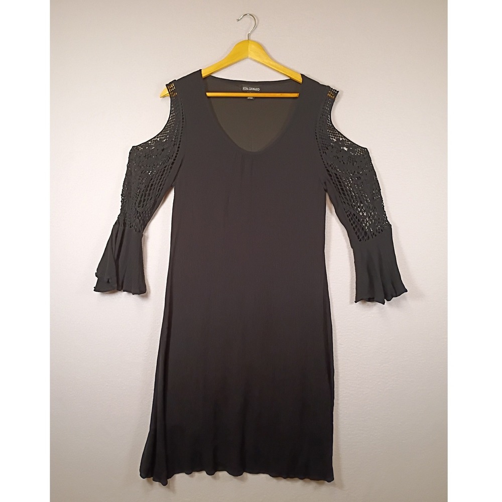 Boho Nina Leonard Womens M Black Cold Shoulder Crochet Lace Bell Sleeve Dress